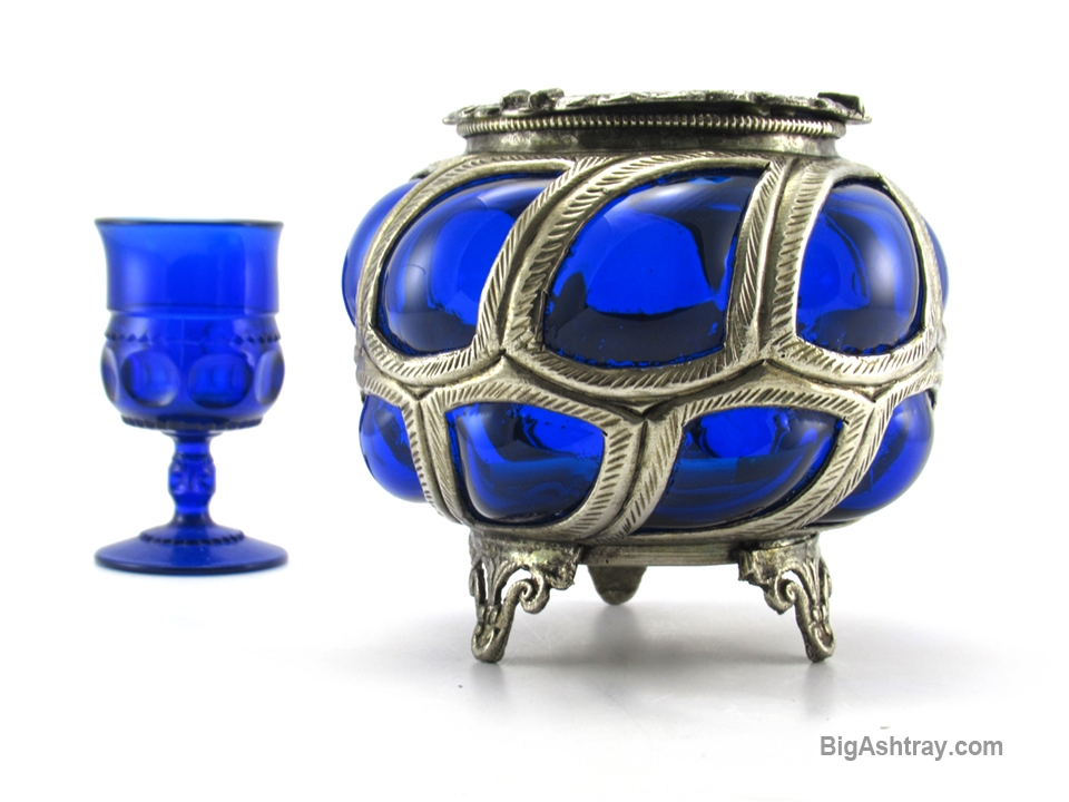 Antique Caged Glass Vase Ashtray Bowl Handmade Cobalt Blue