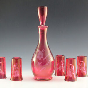 Art Deco Glass Decanter with Jigger Stopper and 5 Shot Glasses