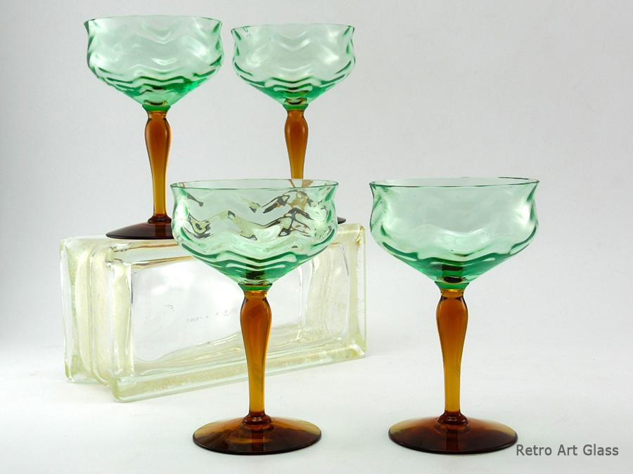 Antique Stemware Set in Amber and Optic Vaseline Green - Image 2