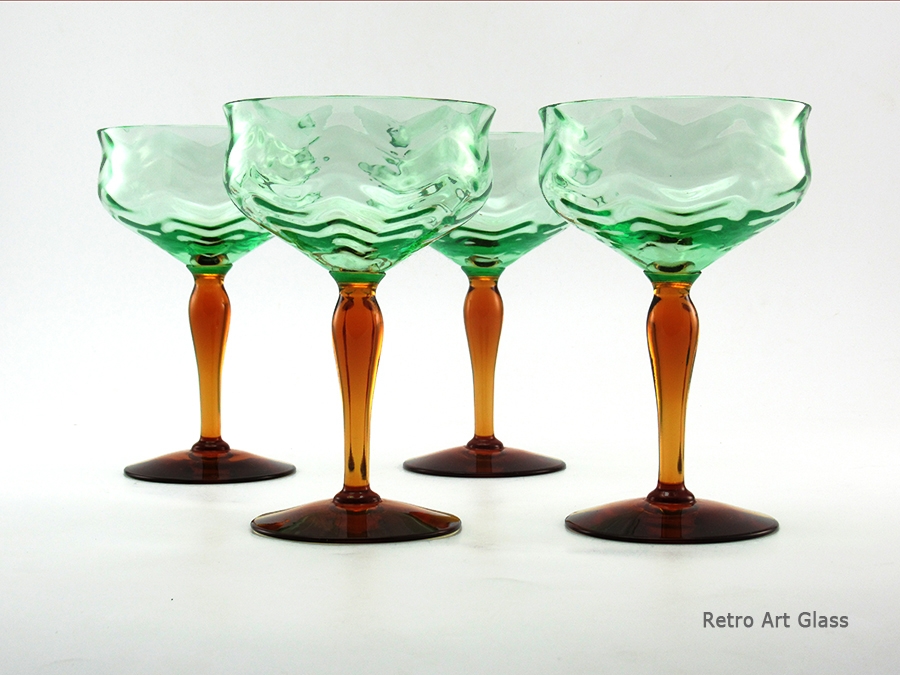 Antique Stemware Set in Amber and Optic Vaseline Green