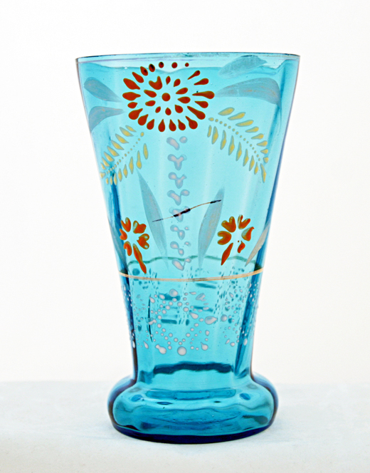 Antique Victorian Tall Blue Glass Tumbler with Enamel