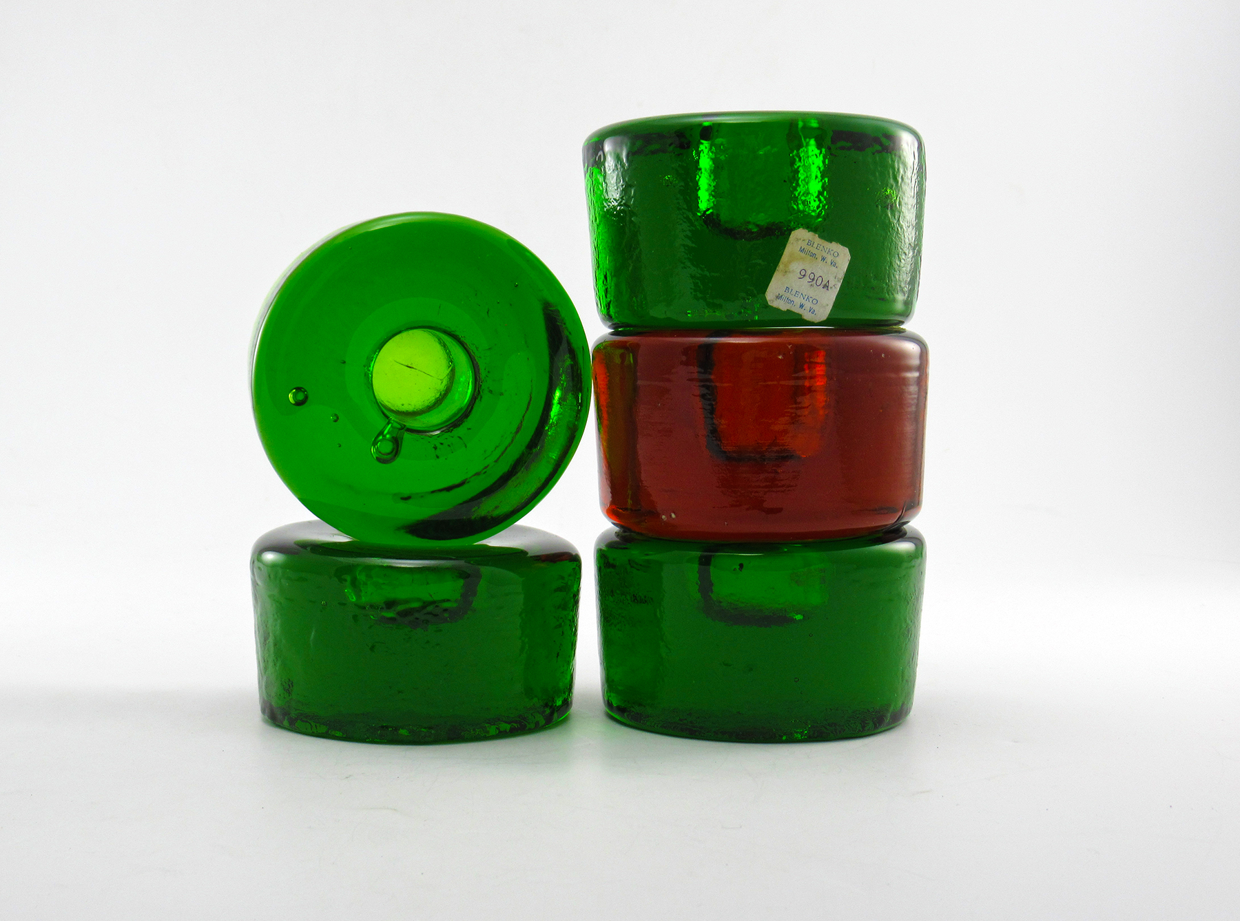 Set of 4 Blenko Glass Candlestick Holders Handmade Pucks in Emerald - Image 3