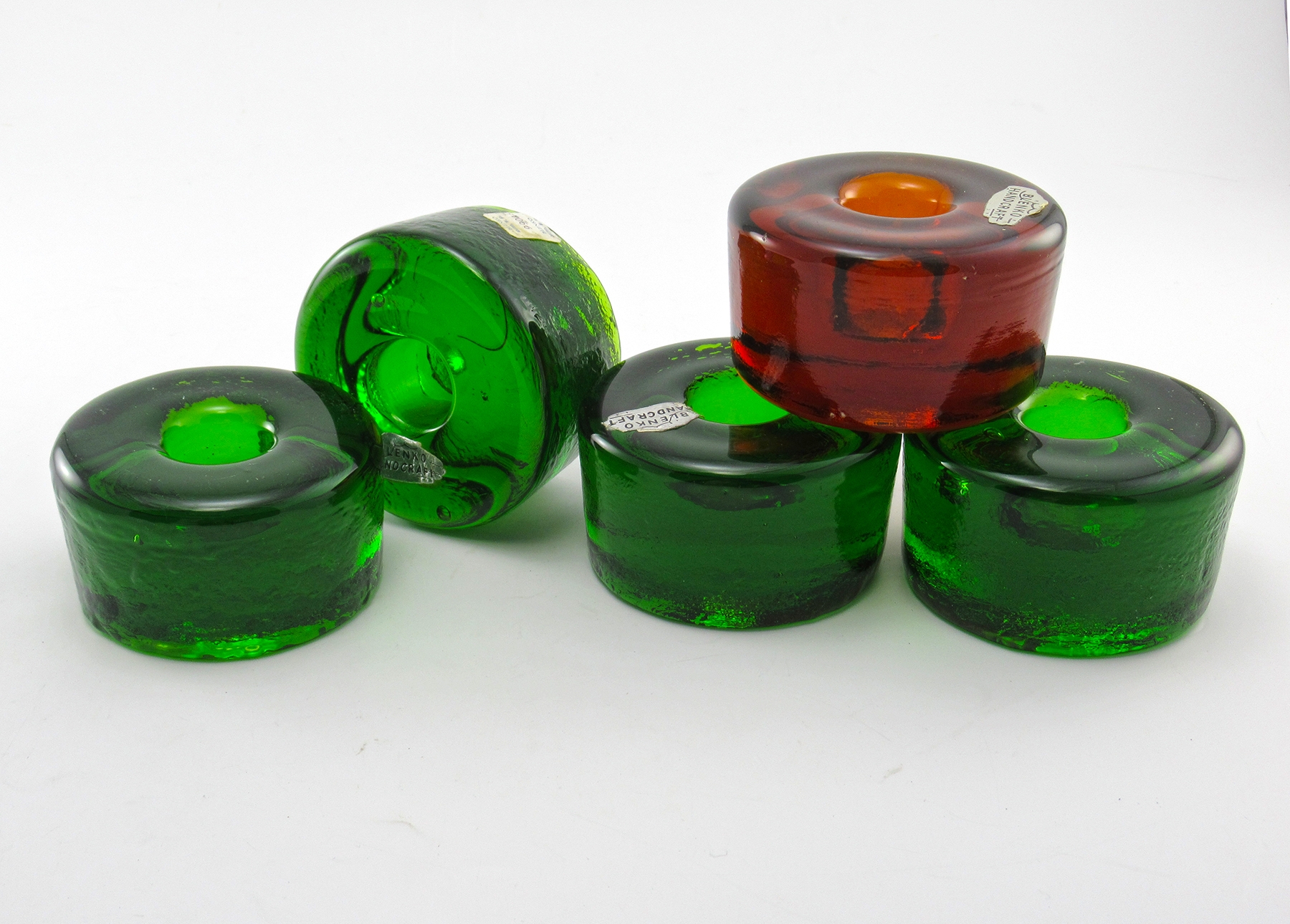 Set of 4 Blenko Glass Candlestick Holders Handmade Pucks in Emerald