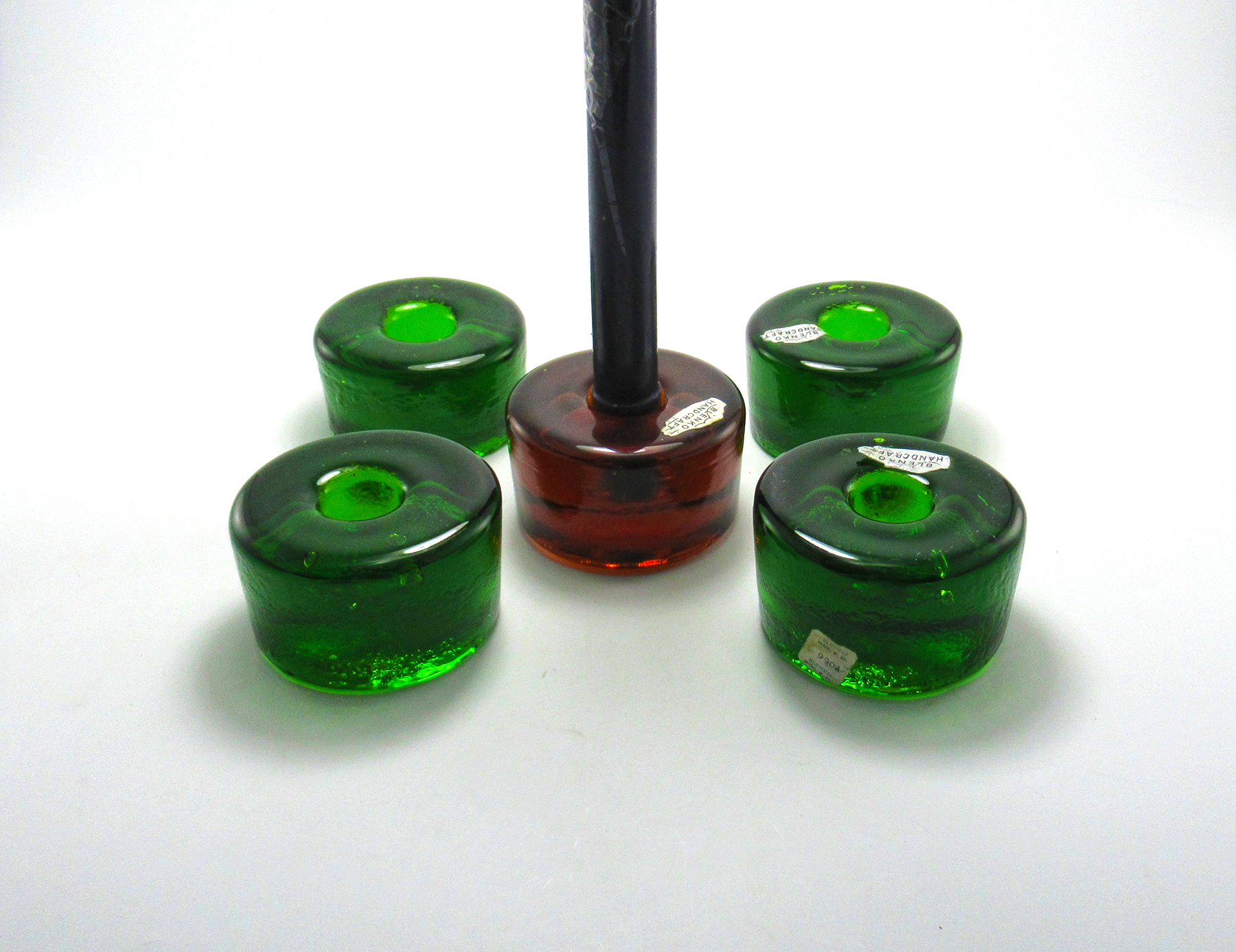Set of 4 Blenko Glass Candlestick Holders Handmade Pucks in Emerald - Image 2