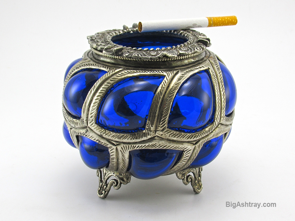 Antique Caged Glass Vase Ashtray Bowl Handmade Cobalt Blue - Image 4