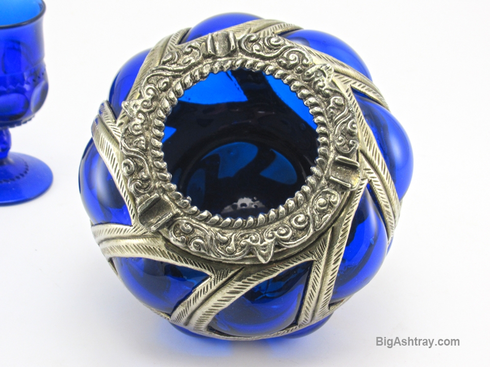 Antique Caged Glass Vase Ashtray Bowl Handmade Cobalt Blue - Image 3