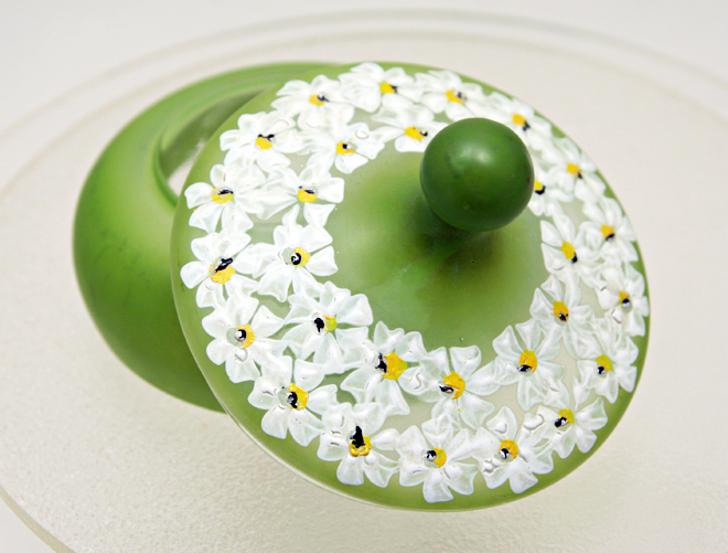 Retro Vintage Glass Vanity Jar with Enamel Daisies