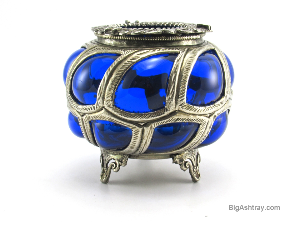 Antique Caged Glass Vase Ashtray Bowl Handmade Cobalt Blue - Image 2