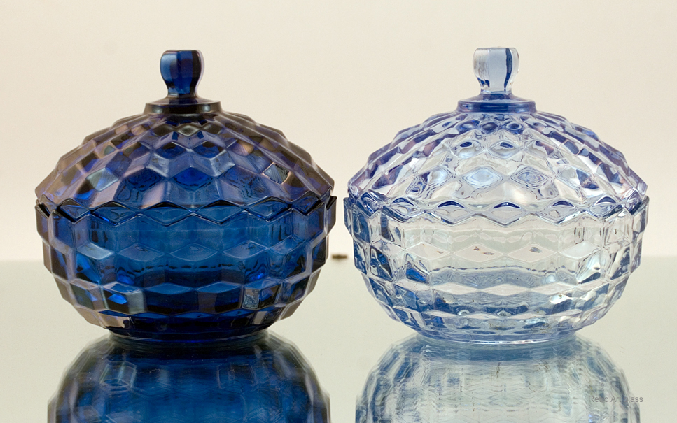 Cobalt Blue Glass Vintage Cubist Pattern Covered Jar - Image 2