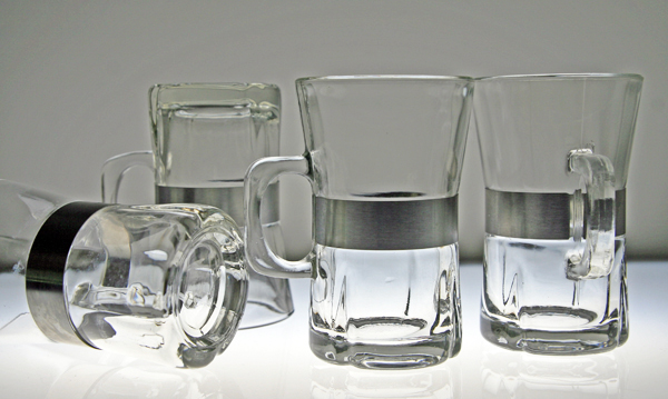 Danish Modern Glass and Brushed Metal Mug Set