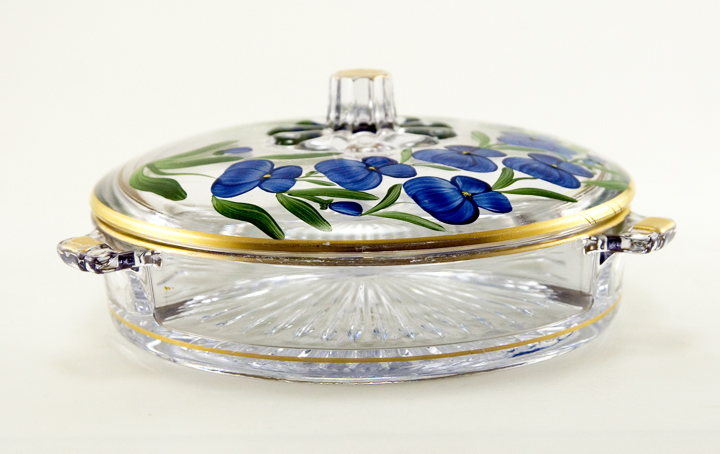 Elegant Depression Glass Covered 3-Part Dish with Enamel Pansies