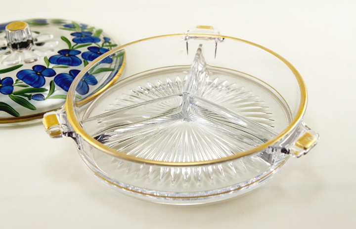 Elegant Depression Glass Covered 3-Part Dish with Enamel Pansies - Image 2