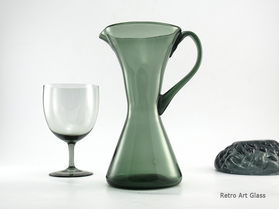 Hand-Blown Vintage Smoked Green Black Glass Beaker Jug - Image 2