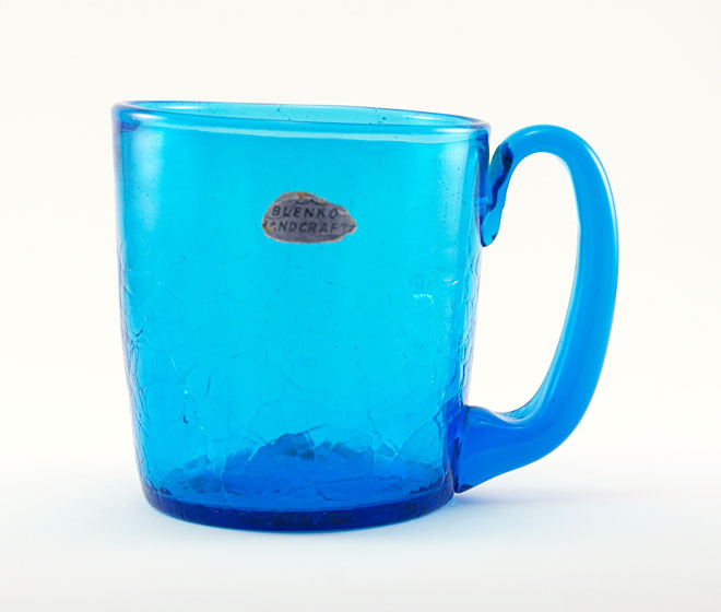 Big Blenko Mug in Blue Crackle Glass with Foil Label