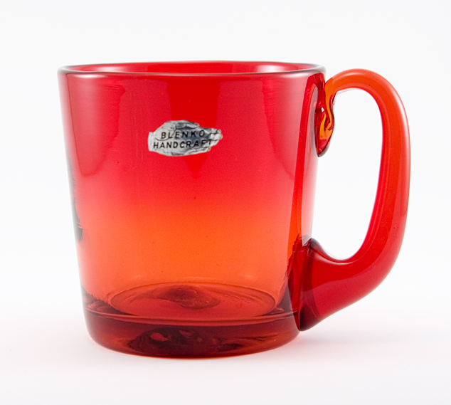 Huge Mug in Red Tangerine Glass with Foil Label by Blenko