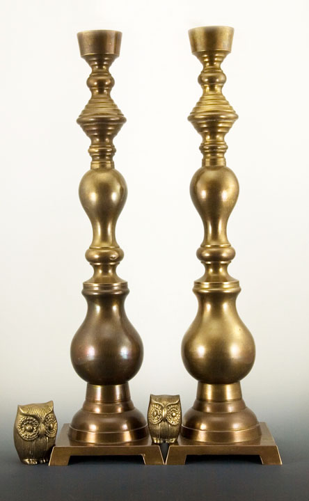 Immense Antique Beehive Baluster Brass Candlestick Holder Set