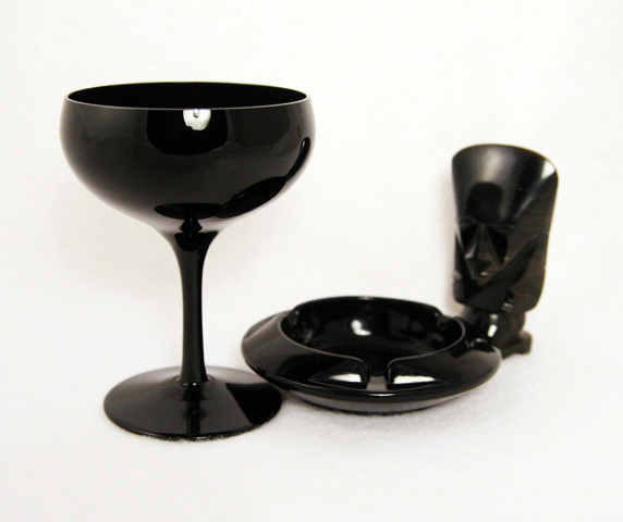 Mid-Century Modern Ebony Glass Saucer Champagne Set