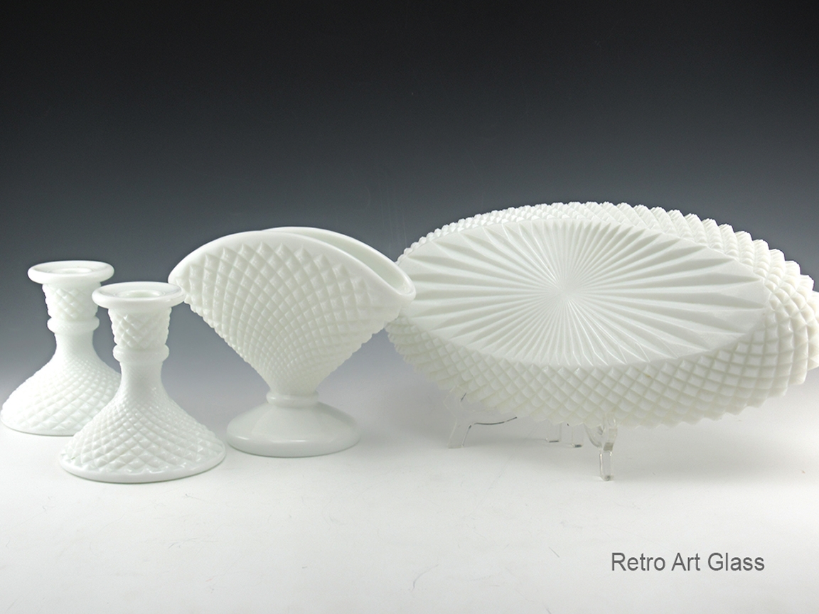 Vintage Fan Vase, Candlestick Holders and Long Bowl in English Hobnail Milk Glass - Image 3