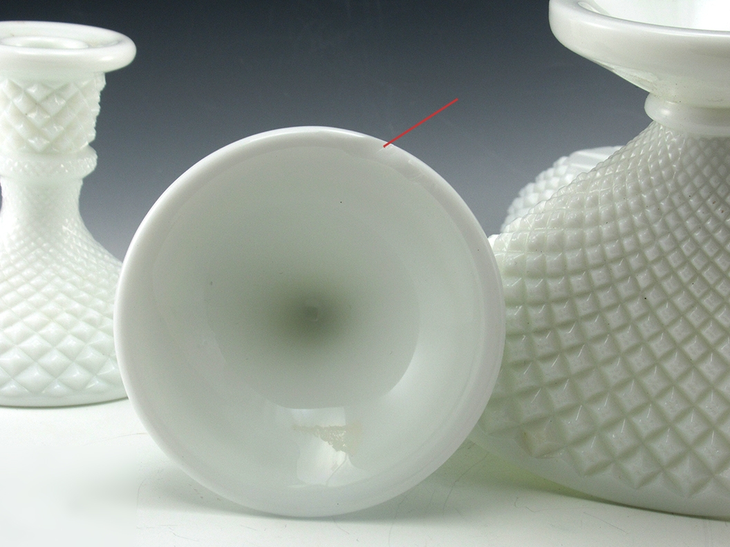 Vintage Fan Vase, Candlestick Holders and Long Bowl in English Hobnail Milk Glass - Image 5