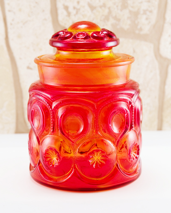 Moon and Star Pattern Glass Amberina Canister