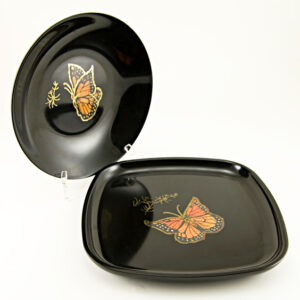 Pair of Vintage Couroc Inlaid Wood and Brass Butterfly Dishes