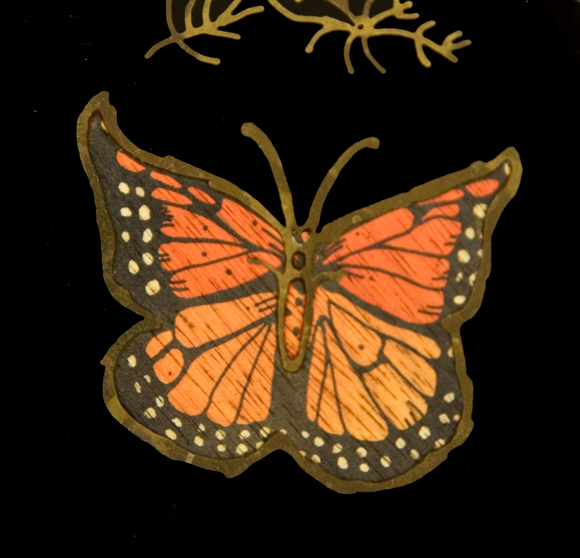Pair of Vintage Couroc Inlaid Wood and Brass Butterfly Dishes - Image 2