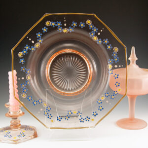 Pink Depression Glass Console Bowl and Candle Holders