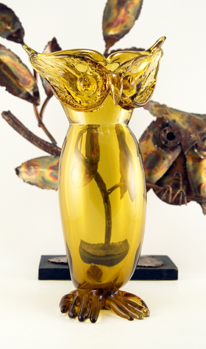 Retro Mod Italian Empoli Blown Glass Owl Vase
