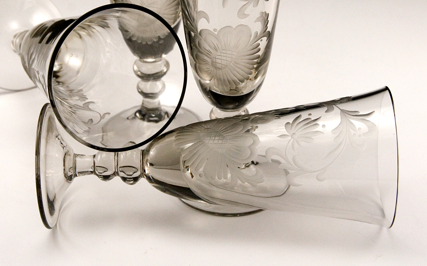 Swedish Blown Glass Goblets with Deep Floral Etch Smoked - Image 4