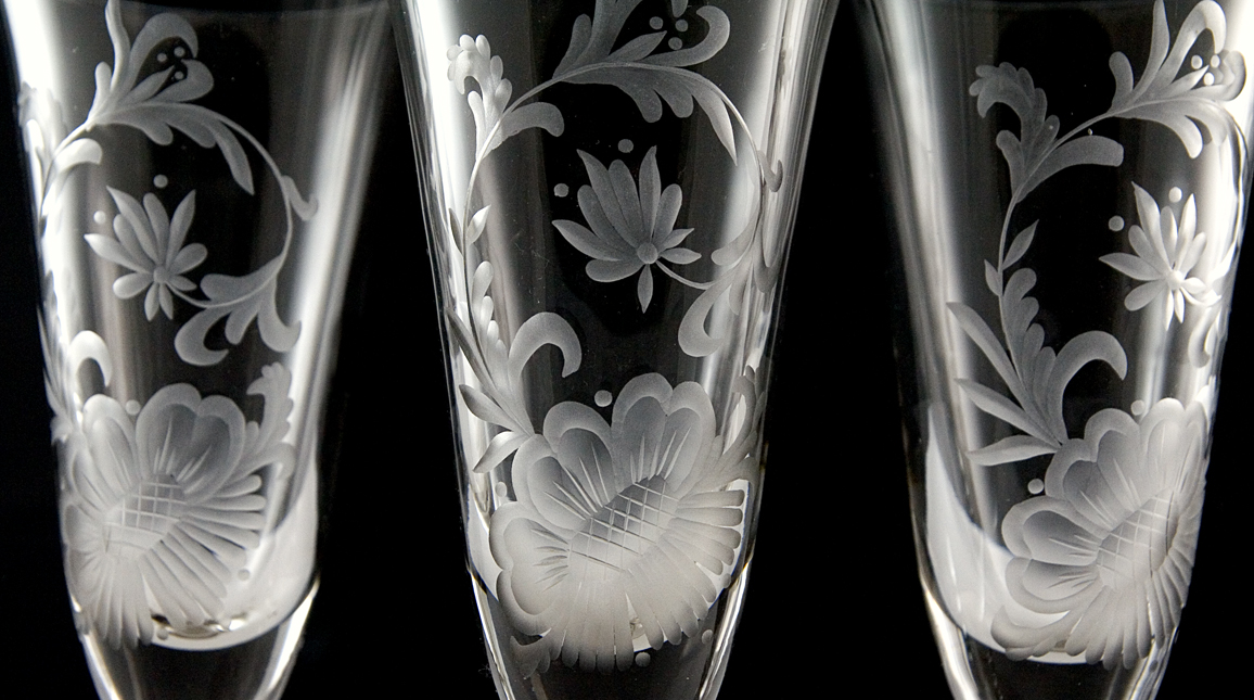 Swedish Blown Glass Goblets with Deep Floral Etch Smoked - Image 2