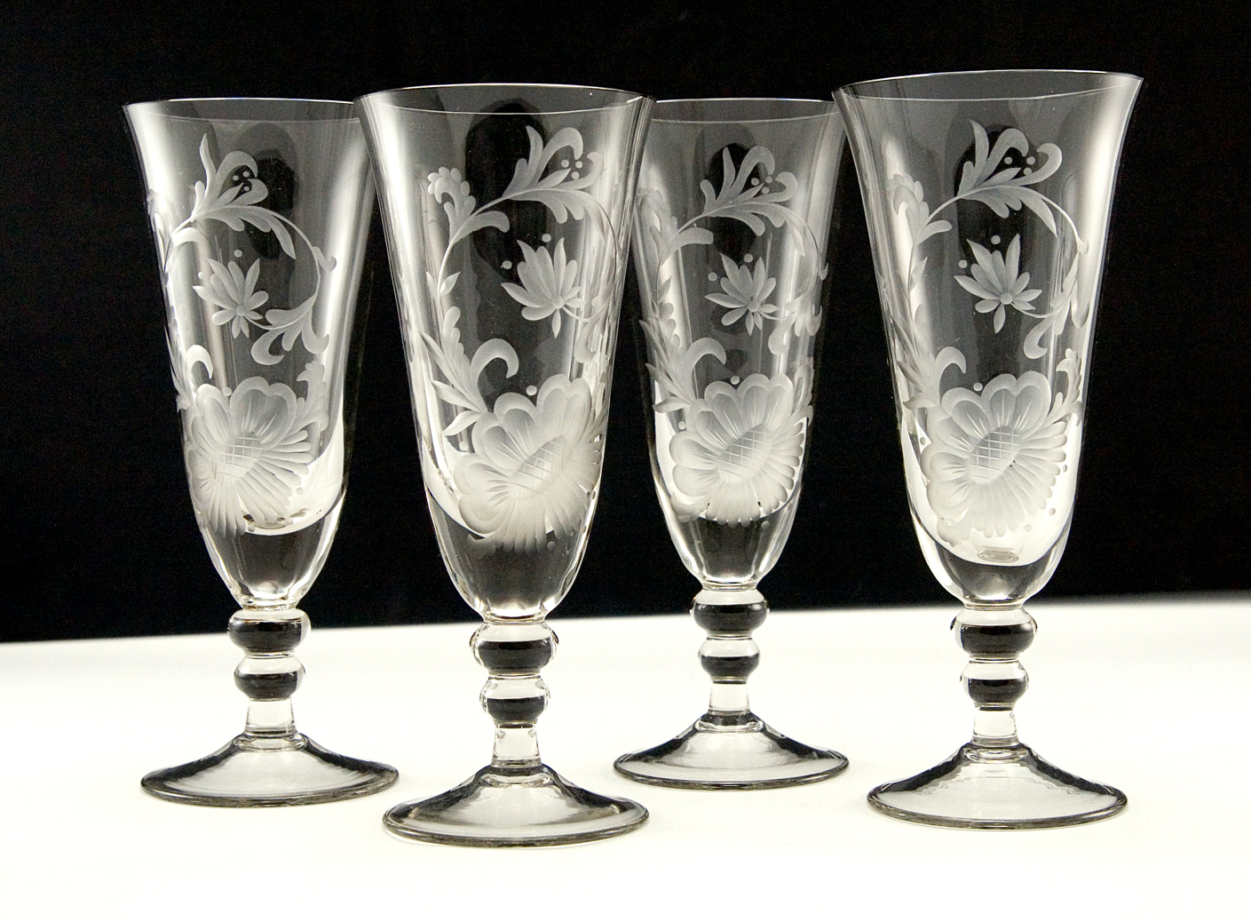 Swedish Blown Glass Goblets with Deep Floral Etch Smoked