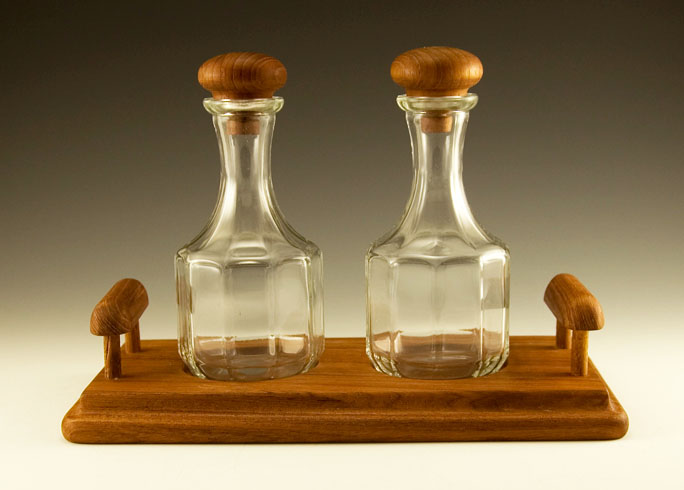 Teak Wood Condiment Set with Italian Glass Bottles
