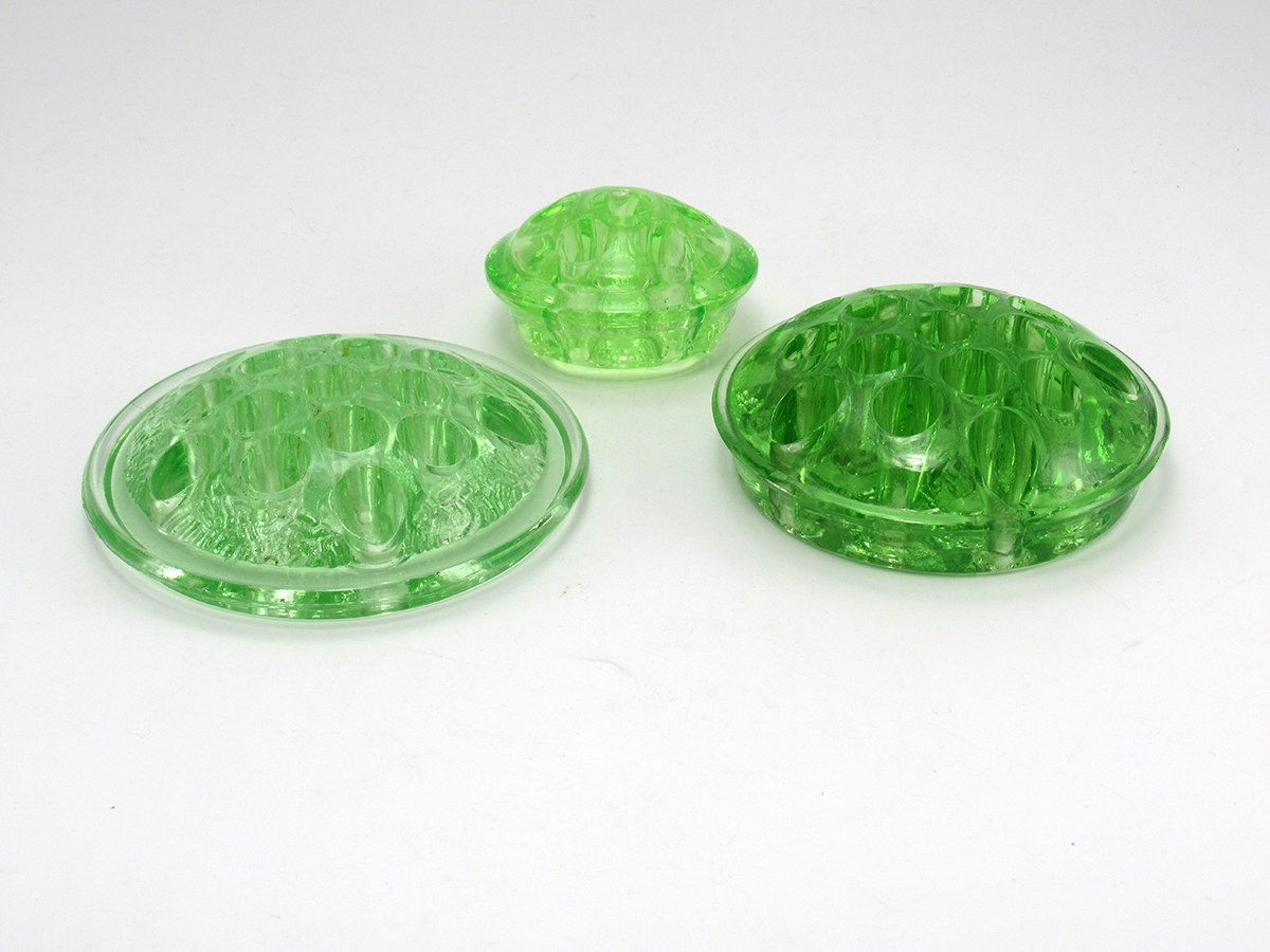 Uranium Glass Flower Frog Small Bud Vase Size Dated 1916 - Image 2
