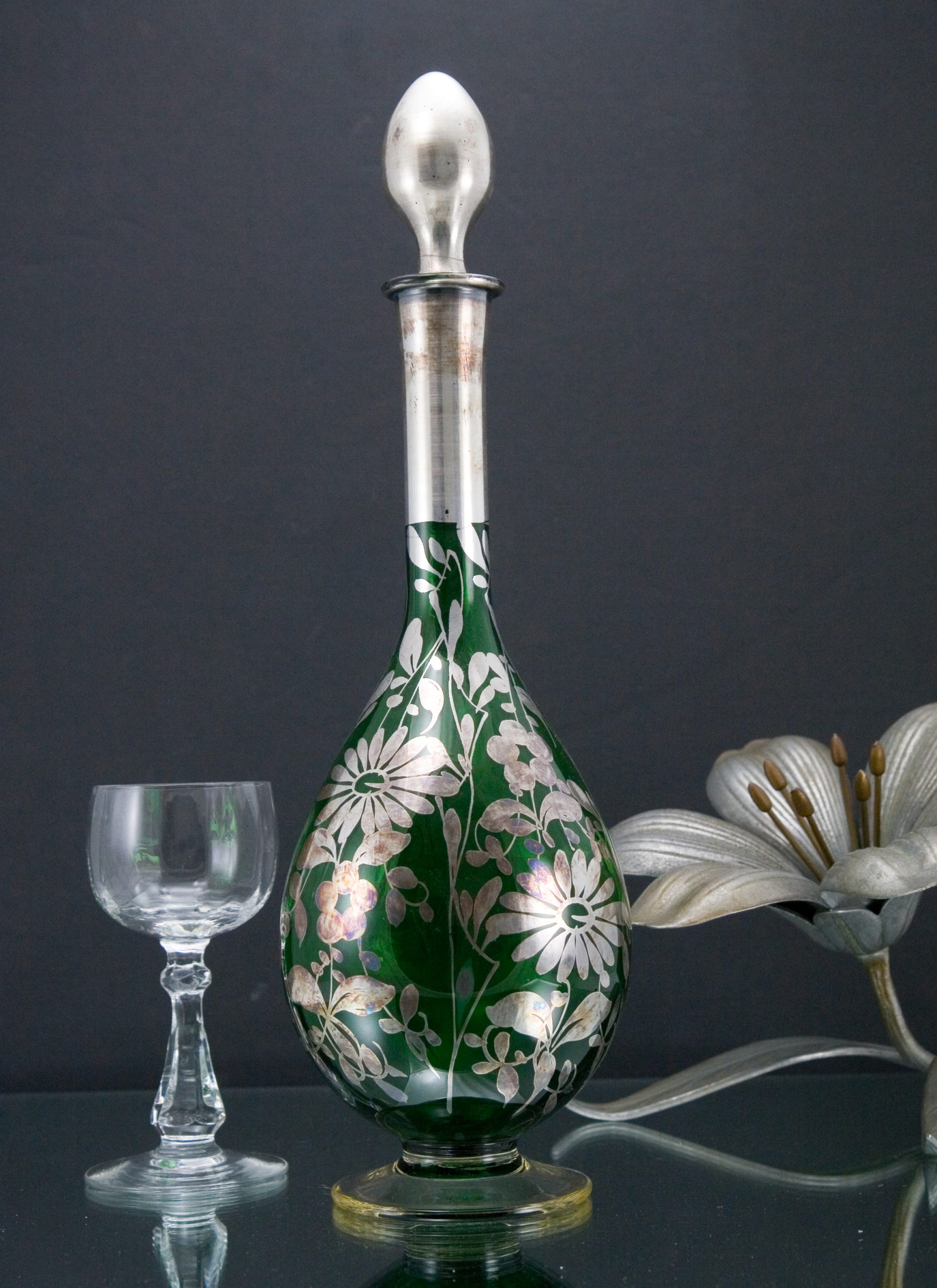 Victorian Art Nouveau Silver Overlay Glass Decanter