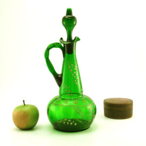 Victorian Glass Decanter Large with Handle, Stopper, Enamel Decor, Signed L.