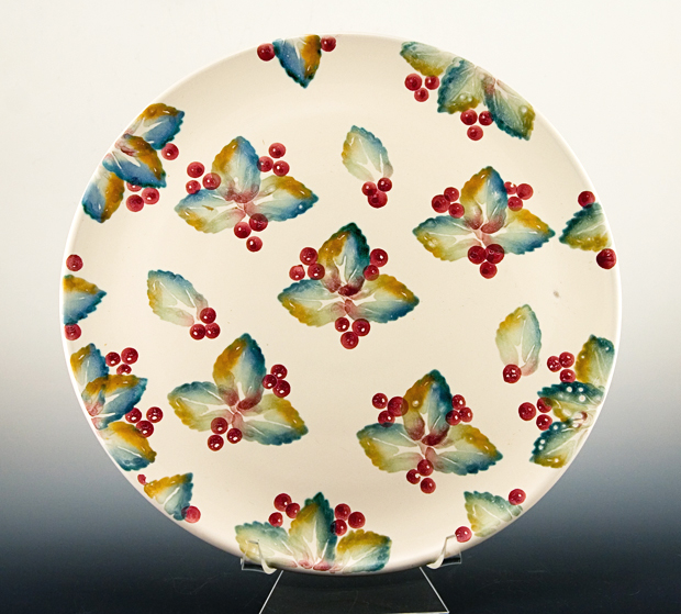 Vintage Italian Redware Hand Painted Holly Charger