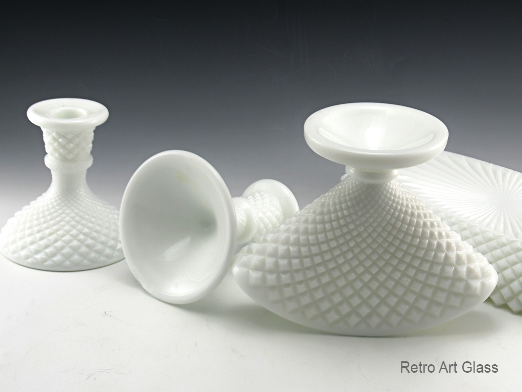 Vintage Fan Vase, Candlestick Holders and Long Bowl in English Hobnail Milk Glass - Image 2