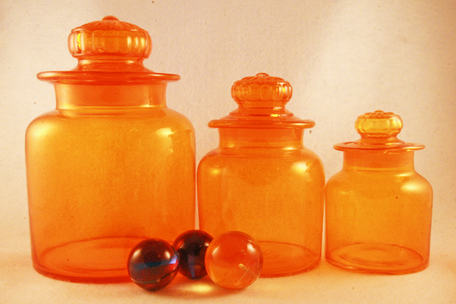 Vintage Retro Orange Glass Kitchen or Bar Canister Set