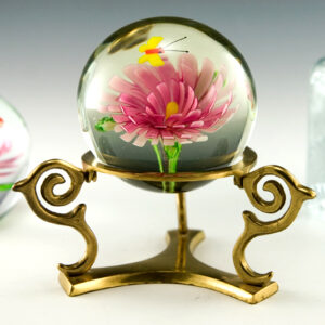 Butterfly And Flower Art Glass Paperweight With Brass Stand
